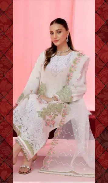 Pakistani Original Guzel Luxury Formal Organza Stitched 3Pcs _ White 